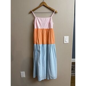 J. Crew Dress Color Block Tiered Maxi Dress Tie Back Size 6 Vacation Easter